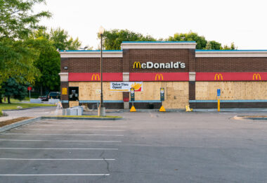 McDonald’s store boarded up in North Minneapolis after fires from riots following the May 25th, 2020 death of George Floyd.