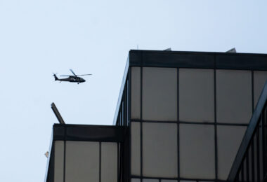 Military helicopter flying over the IDS Center in the days following the death of George Floyd on May 25th, 2020.