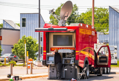 After the Wells Fargo bank was destroyed by fire the month prior, the bank installed mobile ATMs.