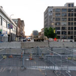National Guard and barricades in front of the Minneapolis Police 1st Precinct in Downtown Minneapolis during unrest following the May 25th, 2020 death of George Floyd.