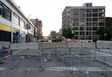 National Guard and barricades in front of the Minneapolis Police 1st Precinct in Downtown Minneapolis during unrest following the May 25th, 2020 death of George Floyd.