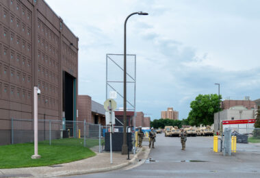 The National Guard outside the Minneapolis Convention Center on 06/02/20. They used the facility as a "base" during protests following the murder of George Floyd.