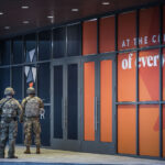 National Guard in Downtown Minneapolis shortly before a 10pm curfew goes into place during protests over the murder of George Floyd.