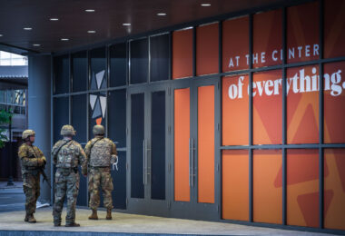 National Guard in Downtown Minneapolis shortly before a 10pm curfew goes into place during protests over the murder of George Floyd.