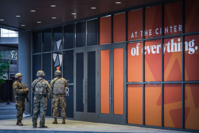 National Guard outside of City Center 2 National Guard in Downtown Minneapolis shortly before a 10pm curfew goes into place during protests over the murder of George Floyd.
