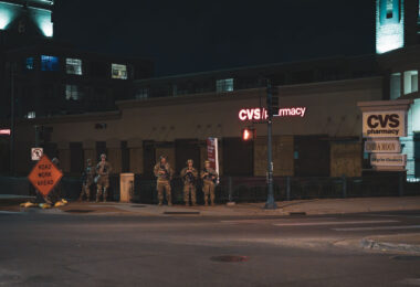 The National Guard on Lake Street outside a CVS Pharmacy in Uptown Minneapolis during protests following the murder of George Floyd.