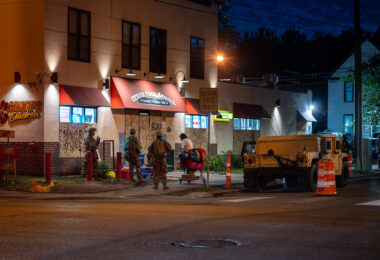 National Guard outside of Cedar Food & Grill in South Minneapolis. The National Guard was deployed following unrest over the May 25th death of George Floyd.