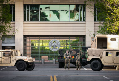 Minnesota National Guard guards the Federal Reserve Bank in Minneapolis during the 2020 unrest over the May 25th death of George Floyd.