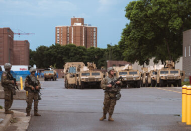 The National Guard outside the Minneapolis Convention Center on 06/02/20. They used the facility as a "base" during protests following the murder of George Floyd.