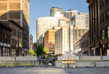 The National Guard stationed outside the Minneapolis Police 1st Precinct in Downtown Minneapolis.