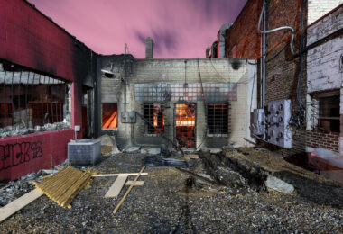 The back of the remains of a chiropractor office on E. Lake Street. Located across the street from the burned out 3rd precinct police station. The building burned after unrest in Minneapolis following the May 25th, 2020 death of George Floyd.