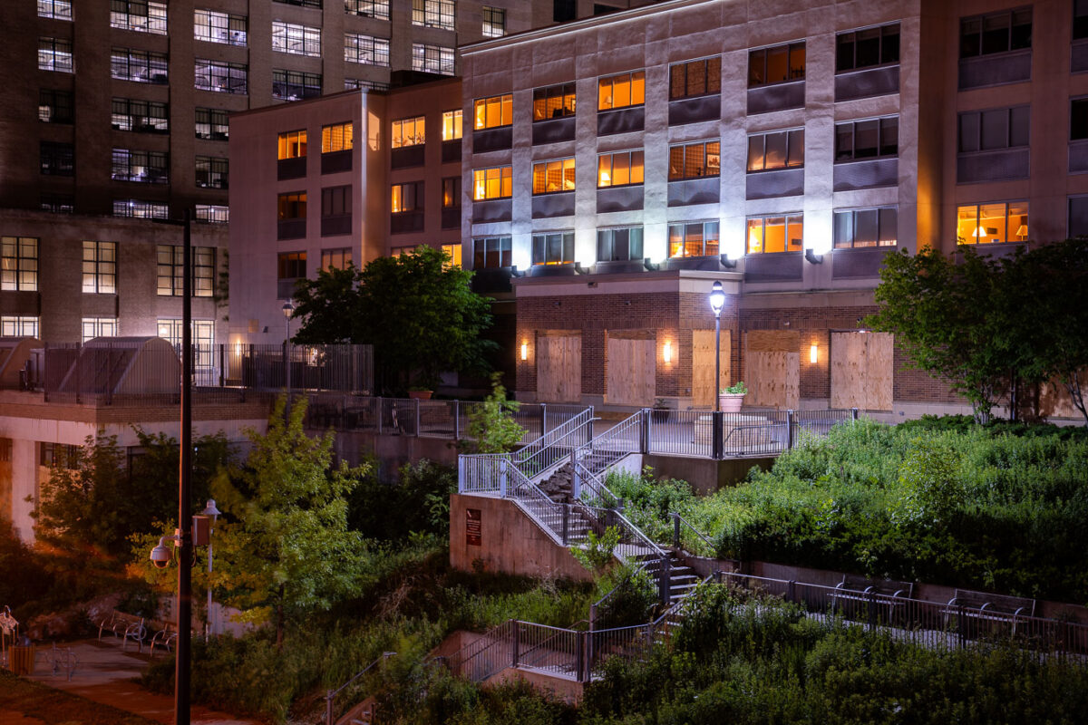 The Sheraton Hotel as seen from the Midtown Greenway days after it was "cleared and closed" by the Minneapolis Police.