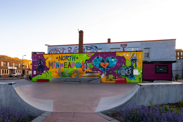 North Minneapolis Mural at Skate Park 3 North Minneapolis mural beside concrete skate park ramps in Minneapolis, Minnesota.