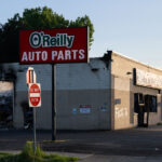 Burned out O'Reilly Auto Parts in North Minneapolis after days of unrest following the May 25th, 2020 death of George Floyd.