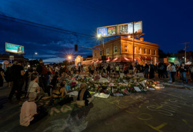 Community gathers on 06/04/20 at 38th St and Chicago Ave around a memorial for George Floyd who was killed on May 25th, 2020.