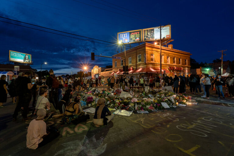 38th St and Chicago Ave 1 Community gathers on 06/04/20 at 38th St and Chicago Ave around a memorial for George Floyd who was killed on May 25th, 2020.
