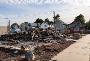 The remains of a Popeye's Chicken restaurant on Chicago Avenue. The building was destroyed in fires following unrest in Minneapolis following the May 25th, 2020 death of George Floyd.