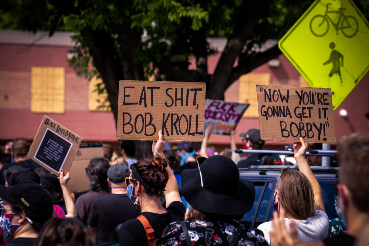 Protesters rally outside the Minneapolis Police Union Headquarters asking for Union President Bob Kroll to resign.