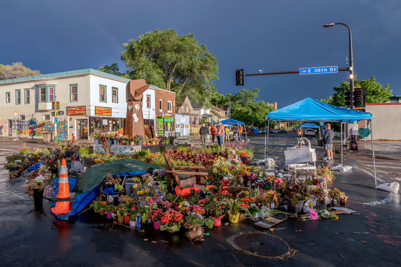 Rainbow and green flowers after storm at George Floyd Square