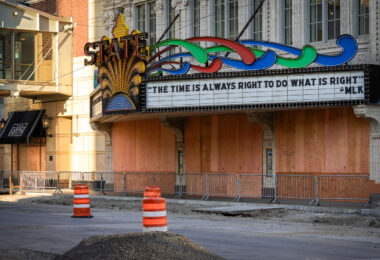 State Theatre marquee in downtown Minneapolis with an MLK quote.