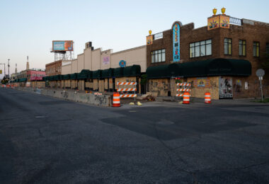 Lake Street businesses boarded up on June 16, 2020. Buildings were boarded up after riots following the death of George Floyd the month earlier.