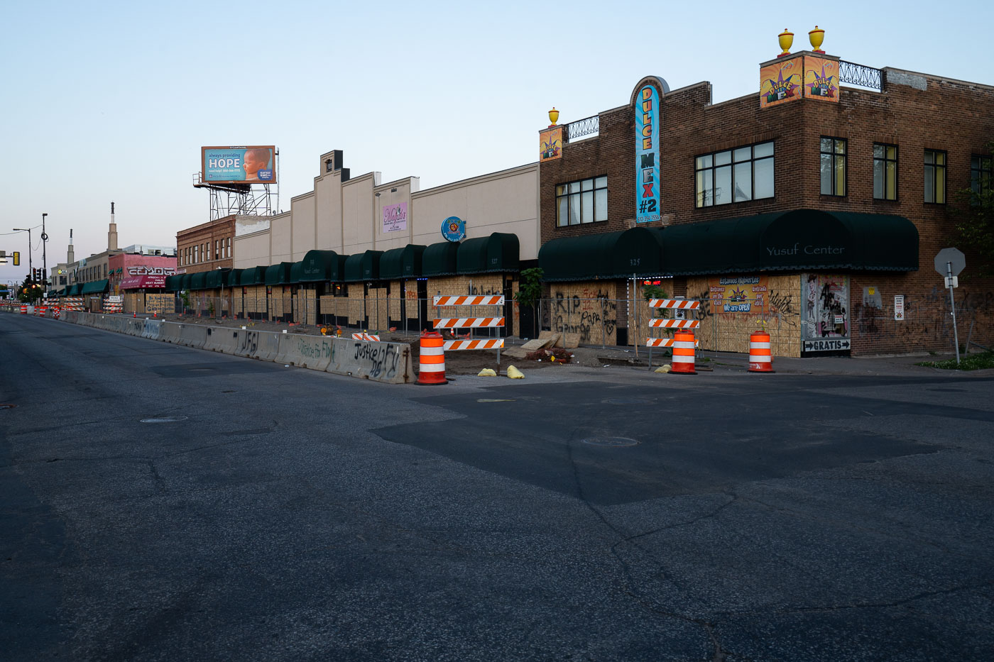 Sunset over boarded up Lake Street.