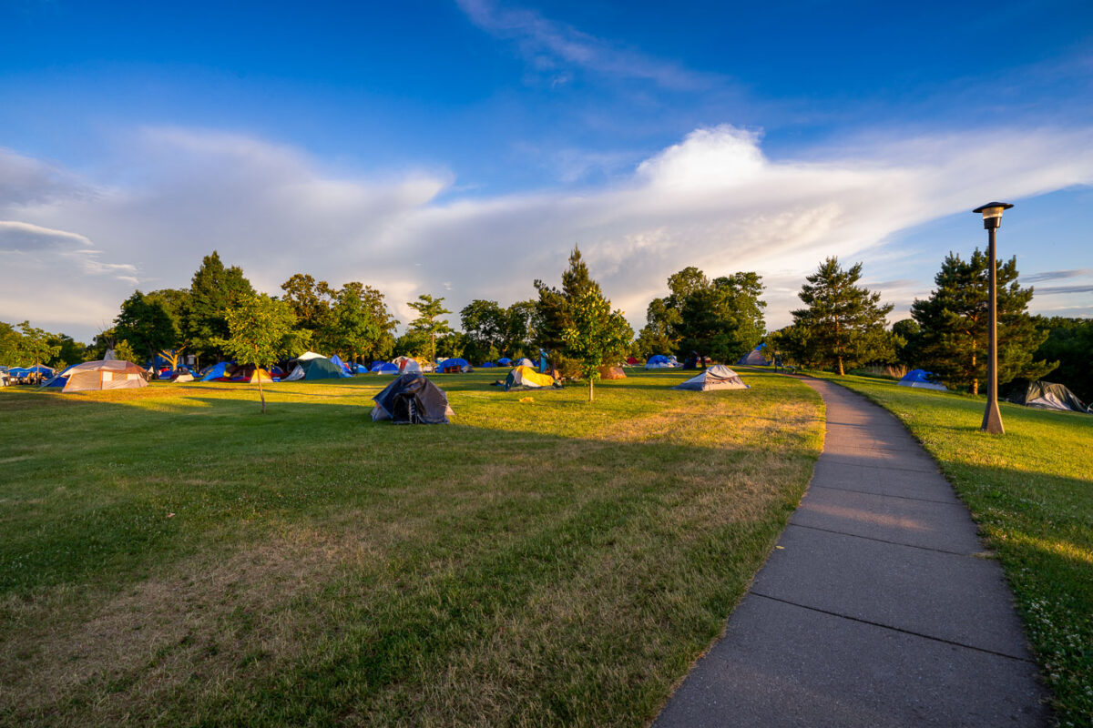 A large encampment formed at Powderhorn Park with many of those moving here from “The Sanctuary” at the Sheraton Hotel after being evicted.