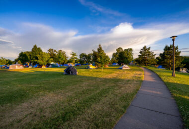 A large encampment formed at Powderhorn Park with many of those moving here from “The Sanctuary” at the Sheraton Hotel after being evicted.