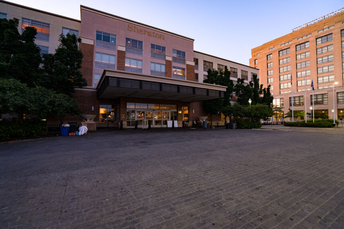 Former Sheraton Hotel in Midtown Minneapolis. The hotel was used as a shelter for the houseless in the days of unrest following the May 25th, 2020 murder of George Floyd.