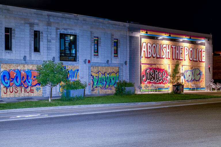 Abolish the police mural 4 George Floyd art in South Minneapolis. Art popped up on boards after the unrest over the May 25th death of George Floyd.