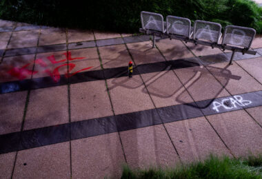 Graffiti outside the Federal Courthouse in downtown Minneapolis that reads “ACAB” and “FUCK 12”.