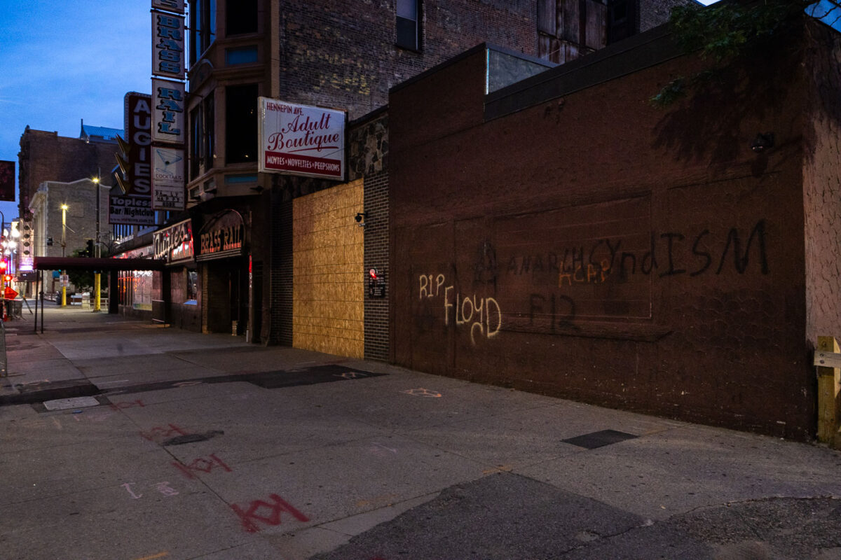 Boards on Hennepin Ave in Downtown Minneapolis. RIP Floyd written on the wall.