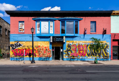 Kiku Bistro on Hennepin Avenue with art boards following unrest after the May 25th, 2020 death of George Floyd.
