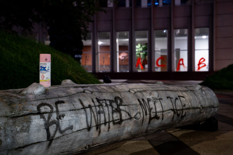 Be Water Melt Ice 4 Graffiti outside and on the windows of the Federal Courthouse in downtown Minneapolis.