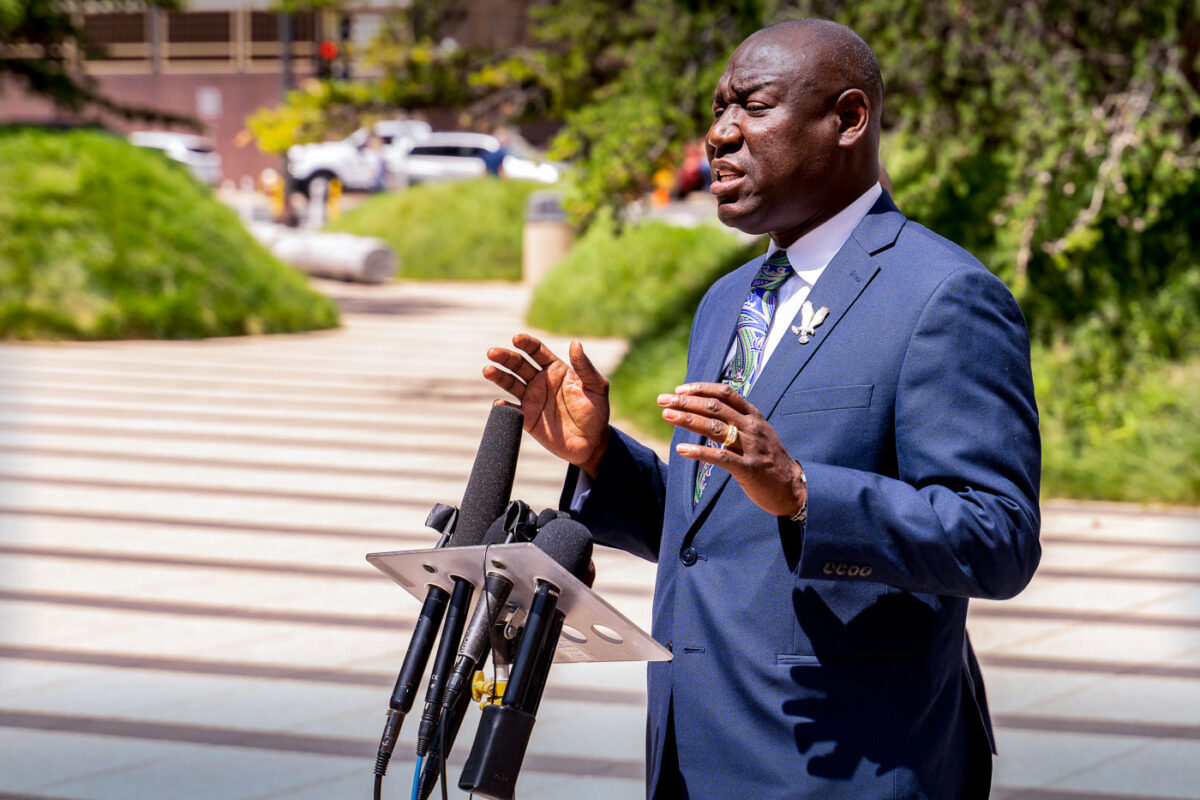 Attorney Ben Crump speaks outside the Federal Courthouse in Downtown Minneapolis on July 15th, 2020. He announced the filing of a lawsuit on behalf of the George Floyd family against the City of Minneapolis.