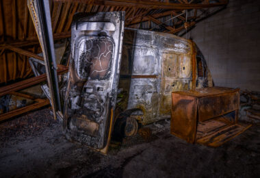 A burned out USPS van inside a burned down Post Office in South Minneapolis. The building burned in riots following the May 25th, 2020 death of George Floyd.