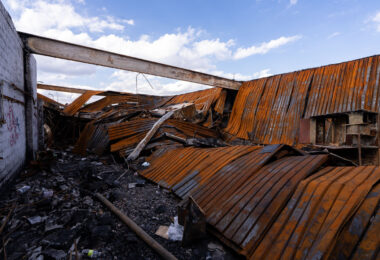 Caved in roof after a fire damaged Max It Pawn on Cedar Ave following the May 25th, 2020 death of George Floyd.
