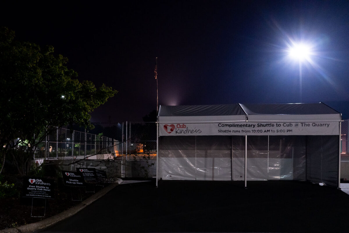 Complimentary shuttle bus station setup outside Cub Foods store providing transportation to another Cub Foods. The shuttles were setup after the store was damaged following the May 25th, 2020 death of George Floyd.