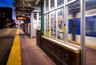 The Warehouse District Light Rail platform in Downtown Minneapolis with caution tape.