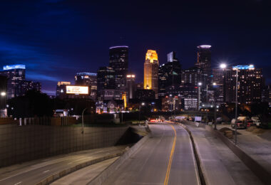 An empty I-35w leading into Downtown Minneapolis during interstate construction.