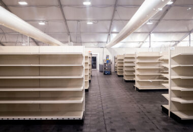 Empty shelving in a newly built “Community Market” that will serve as a temporary store while the damaged Cub Foods store is repaired. The store was damaged following the May 25th, 2020 death of George Floyd.