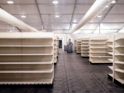 Empty shelving at Cub Foods temporary market, Minneapolis