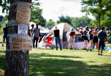 Signs on a tree located near the entrance to the Powderhorn East homeless encampment in South Minneapolis. The encampment was cleared by Minneapolis Police on July 21, 2020.