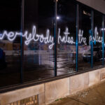 “Everybody hates the police” written on the windows of a downtown Minneapolis building.