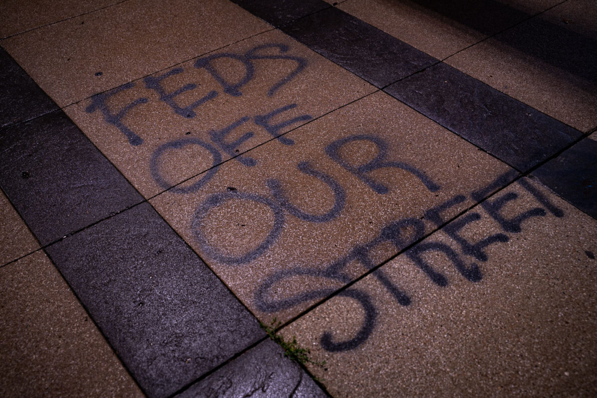 “FEDS Off Our Street” written on US Federal Courthouse Property in Downtown Minneapolis.