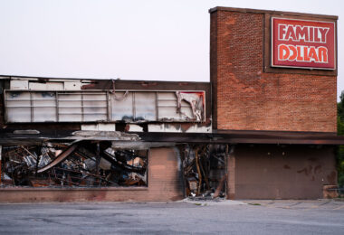 Fire damaged Family Dollar on Lake Street in Minneapolis. The store was burned after the May 25th, 2020 death of George Floyd.