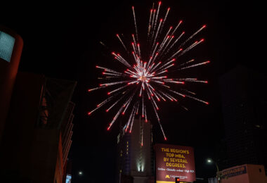 Fireworks being lit off on 1st Avenue in downtown Minneapolis. Police drove through to clear the crowd.