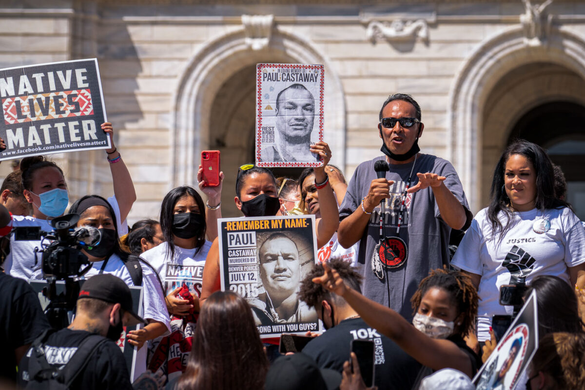 Gabriel Black Elk speaking outside the Minnesota State Capitol on the 5 year anniversary of the death of his brother Paul Castaway. Castaway was shot and killed by the Denver Police on July 12, 2015.