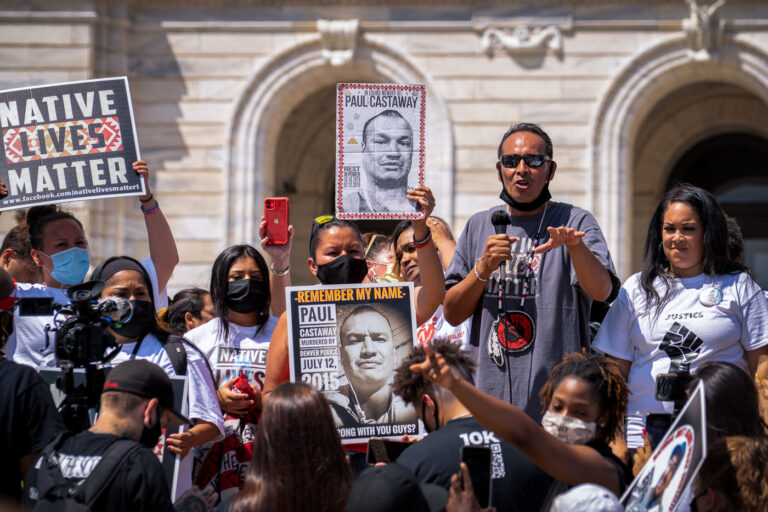 Garbriel Black Elk at Native Lives Matter rally 2 Gabriel Black Elk speaking outside the Minnesota State Capitol on the 5 year anniversary of the death of his brother Paul Castaway. Castaway was shot and killed by the Denver Police on July 12, 2015.