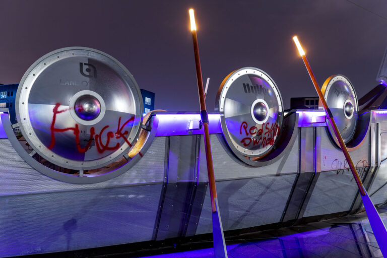 Fuck Redskins Owner US Bank Stadium 2 Graffiti on the Minnesota Vikings ship outside of US Bank Stadium prior to playing the Washington Redskins.